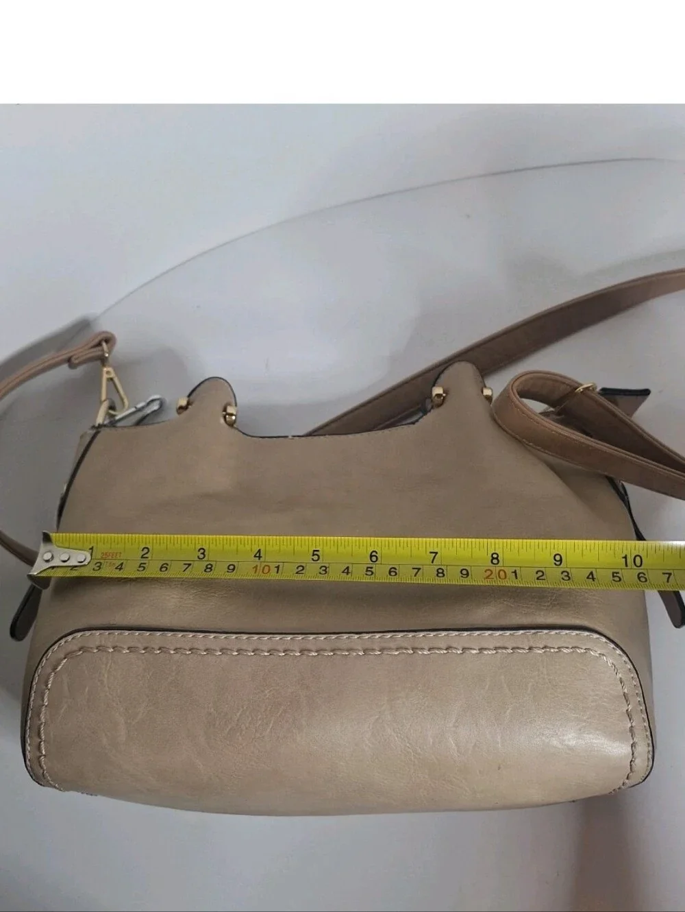 Simply Noelle Medium Beige And Tan Faux Leather Satchel Crossbody No Top Handles